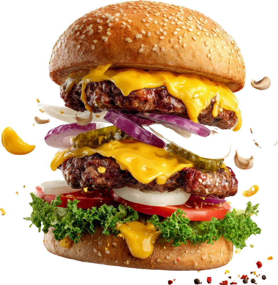 Hamburguesa doble flotando: dos medallones con cheddar fundido, cebolla, pepinos, tomate y lechuga